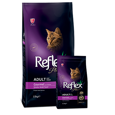 غذای خشک گربه بالغ رفلکس پلاس Reflex plus گورمه با طعم مرغ وزن 1.5 کیلوگرم